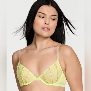 Lime green encrusted Victoria Secret bra.